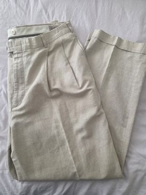 Slates Linen Blend Pleated Trousers W40 L32 Beige Tan Classic Dress Pants